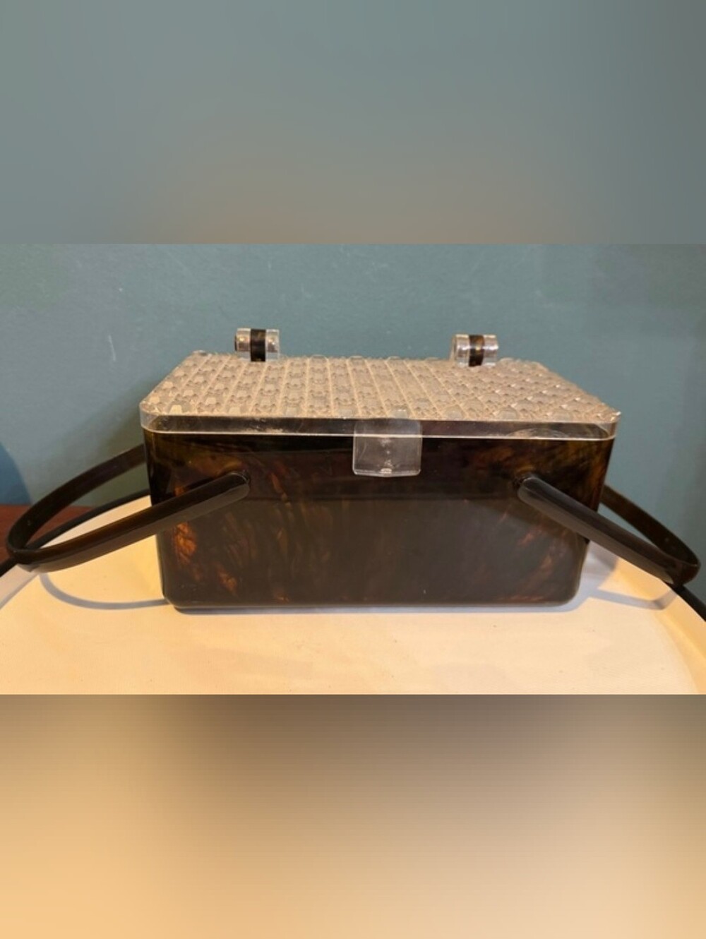 Vintage Lucite Merle Norman Tortoiseshell Box Purse with Clear Beaded Lid